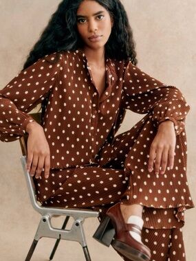 NWT Sézane Syra Trousers in Brown/Ecru Polka Dots Size 4/36